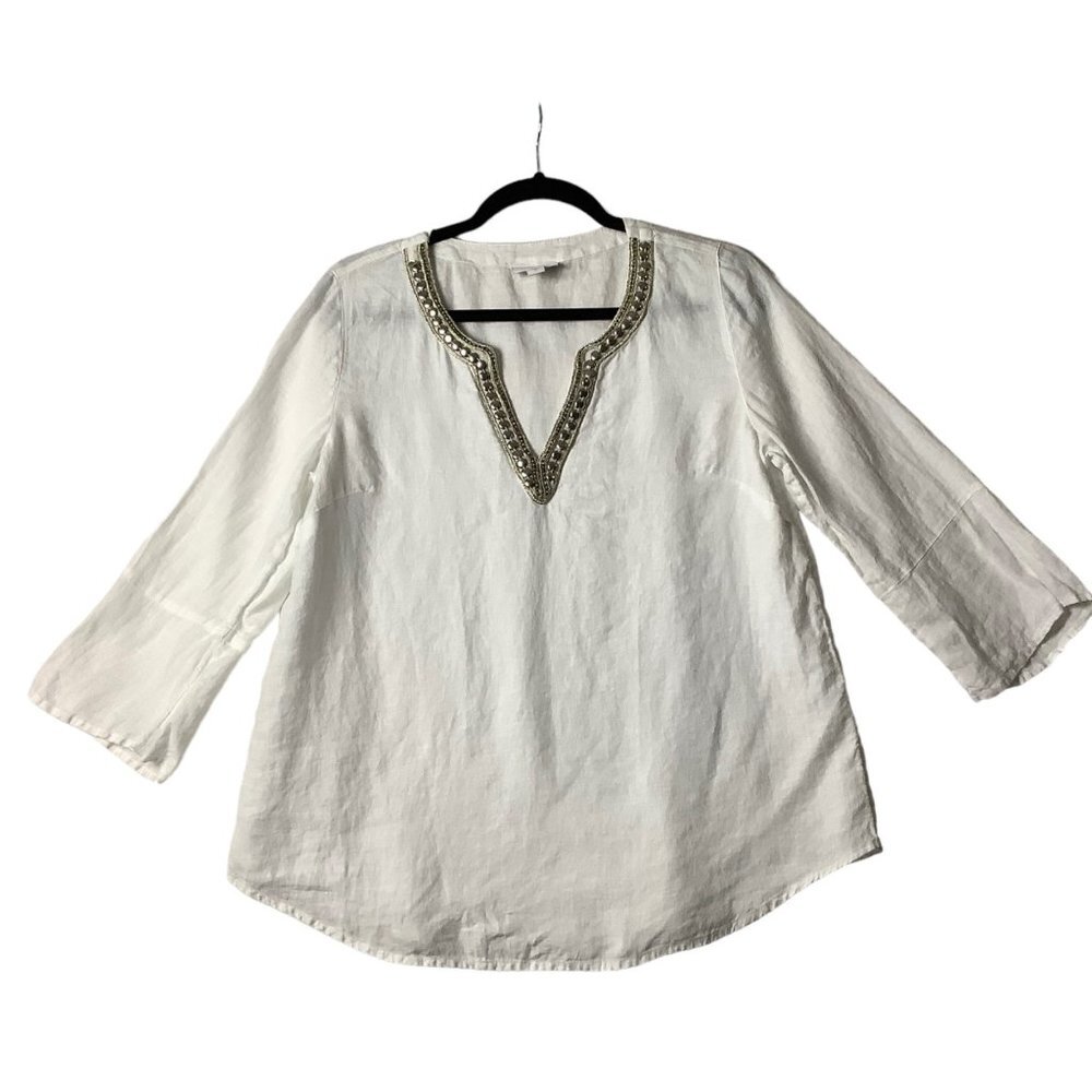 J. Jill Love Linen Beaded Neckline V-Neck Blouse Women Sz Small White 3/4 Sleeve